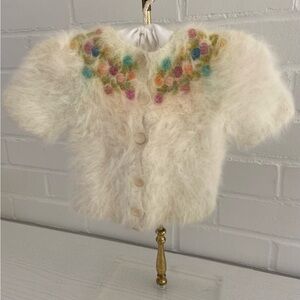 Baby Girl Size 3-6 Months Classic Vintage Fuzzy Cream Short Sleeve Cardigan/Hat